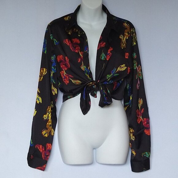 Nasty Gal  Collection Tie Front Shirt Black Multi Floral Size 4 Long Sleeve - Picture 1 of 4
